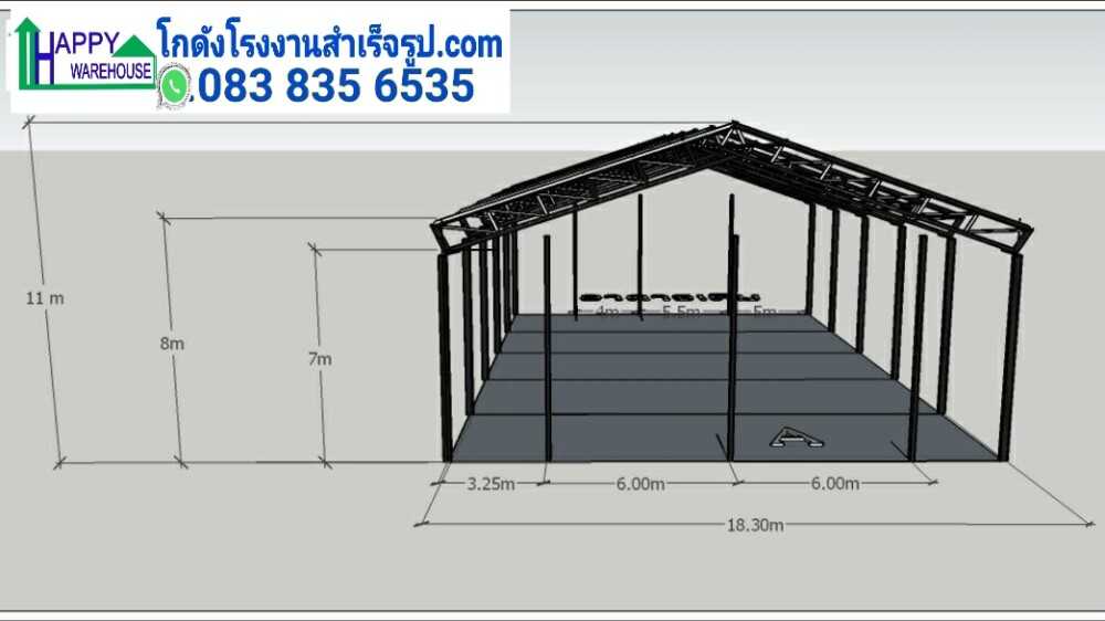 โกดังผนังเมทัลชีท สร้างแบบโกดังน็อคดาวน์ โครงสร้างเหล็กสำเร็จรูป รุ่น HW-HC พื้นที่ 592 ตารางเมตร